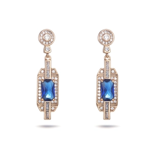 Luxury rose gold earrings with square blue sapphire stones and sparkling zircon pavé