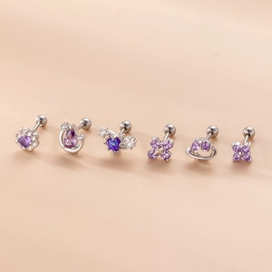 Set de pendientes de acero inoxidable plateado con circonita púrpura y formas de flores