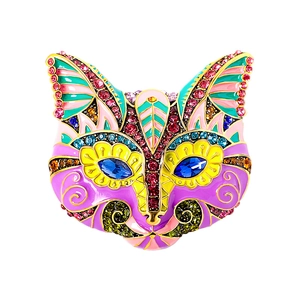 Vintage style cat mask brooch with colorful rhinestones and enamel painted finish