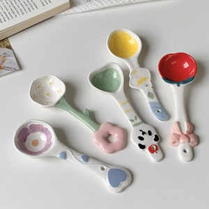 Cute Ceramic Dessert Spoon Long Handle Hand-painted Aesthetic Coffee Spoon For Home Kitchen Yogurt Oatmeal Tableware Gift