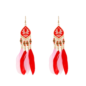 Bohemian long tassel earrings with red feathers and colorful beads on white background