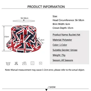 Reversible bucket hat with Union Jack flag print and detailed size specifications