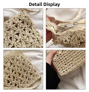 Detail showing the star-hollowed weaving pattern and metal zipper of the straw bag