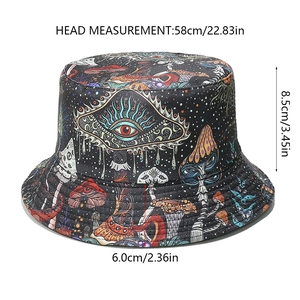 Detailed size chart of black bucket hat with mushroom print and eye pattern graphics
