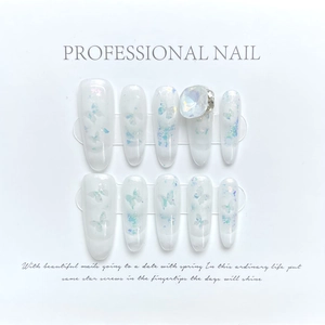 Press On Nails Long Almond Shaped Butterfly Pattern Artificial Nails With 3D Rhinestone Glitter Gradient Fake Nails
