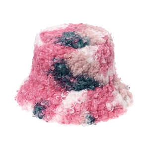 Winter tie-dye fluffy bucket hat with pink and green faux sheepskin fleece texture
