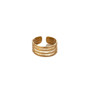 Adjustable gold hammered stainless steel ring featuring a four-layer stacked celestial design
