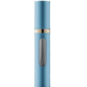 Blue 5ml refillable glass perfume atomizer with viewing window on white background