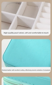 Detail of teal leather jewelry box with smooth zipper and soft white velvet lining