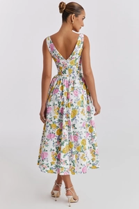 Detail view of the elegant V-neck backless floral midi dress with hidden zipper closure