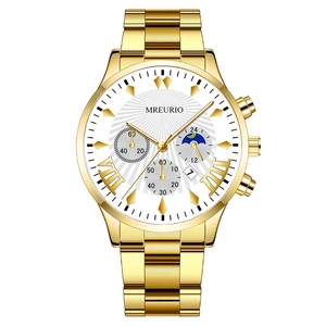 Fashion gold stainless steel chronograph watch for men with white sunburst dial