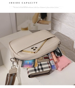 Detail view showing spacious interior of beige PU leather bag with daily essentials