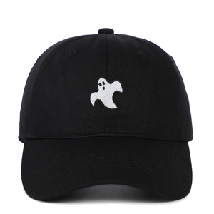 Black cotton baseball cap with white ghost embroidery and curved brim for outdoor style