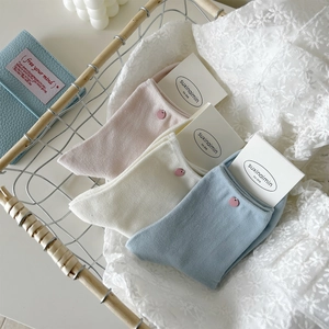 Women Crew Socks Combed Cotton Ribbed Knit Pink Decorative Button Sweet Japanese Style Soft Breathable Daily Hosiery