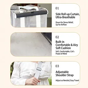 Gray pet carrier bag featuring breathable mesh roll-up blinds and padded shoulder straps