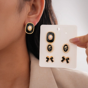 Vintage Alloy Enamel Earrings With Imitation Artificial Pearl And Silver Earring Post Geometric Bow Style Elegant Jewelry For Women