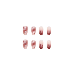 Reddish-brown gradient press-on nails with white floral patterns and silver glitter detail