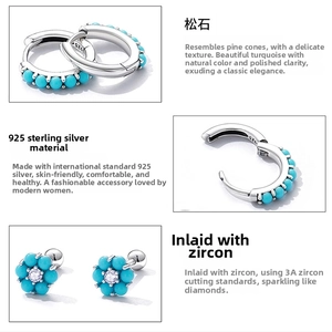 Detailed view of S925 sterling silver earrings with turquoise beads and zircon floral studs