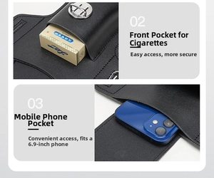 Detailed view of leather waist pouch with cigarette pocket and 6.9-inch smartphone slot