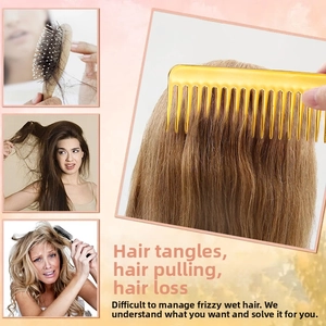 Detailed view of amber wide-tooth comb for detangling wet hair and reducing breakage