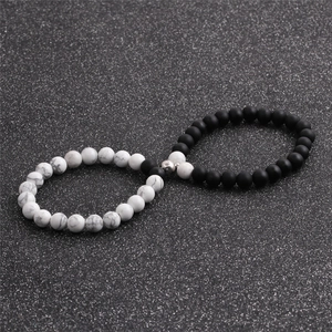 Detail of 8mm matte black agate and white turquoise beads with a magnetic heart clasp