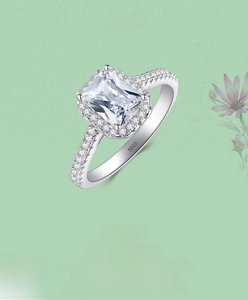 Macro view of S925 sterling silver ring showing luxury rectangular zircon and pave setting