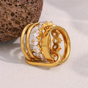 Luxurious multi-layer 18K gold plated stainless steel ring with zircon stones