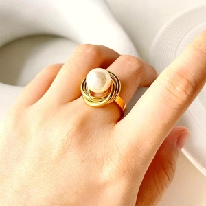 Bague Entrelacée De Künstliche Perles Acier Inoxydable Plaqué Or Géométrique Minimaliste Bijoux Vintage Pour Femmes