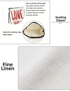 Detail of the high-quality alloy zipper and spacious interior of the white linen cosmetic bag