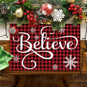 Christmas Placemat Buffalo Plaid Believe Lettering Snowflake Polyester Heat Resistant Rectangular Table Mat Holiday Decor