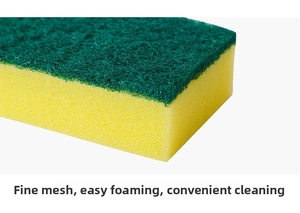 Close-up of double-layer kitchen sponge showing green scouring pad and yellow foam texture