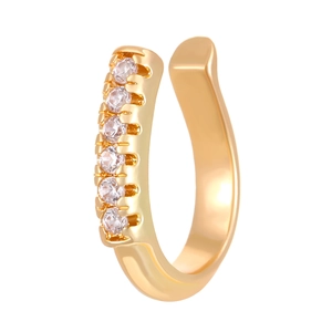 Detailed macro view of U-shaped gold ear cuff with six sparkling white zircons