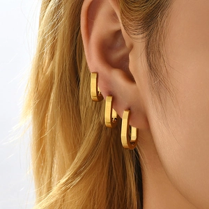Minimalist U-Shaped Hoop Earrings 18K Gold Plated Stainless Steel Geometric Oval Smooth Polished Stacking Jewelry For Women Men