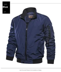 Detail of blue men's bomber jacket with ribbed collar and sleeve zipper pocket