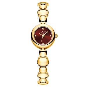 Gedi gouden armbandhorloge met diep bordeauxrode wijzerplaat en gepolijste schakelband
