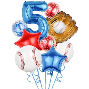 Baseball themed birthday party balloon set with giant blue number 5 foil balloon