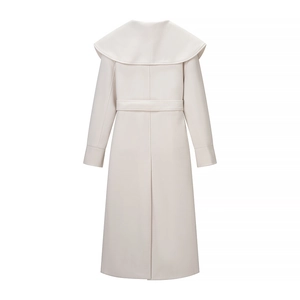Back view of a long wool coat with large shawl collar and matching waist belt