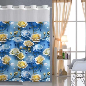 Vue détaillée du rideau de douche en polyester avec roses jaunes et œillets en métal