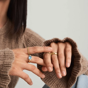 18k gold plated stainless steel ring set with sky blue gemstone and textured band