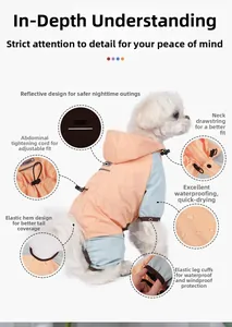 Detail of waterproof pet raincoat featuring reflective strips and adjustable drawstrings