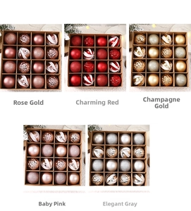 Detail of 16-piece Christmas ball set showing matte, glossy, and glitter textures in various colors
