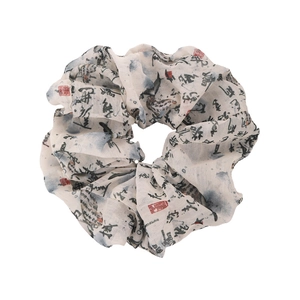 Ink wash calligraphy butterfly scrunchie in beige with black Chinese characters