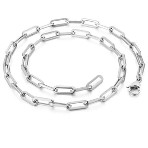 Minimalist silver paperclip chain necklace in stainless steel on a white background