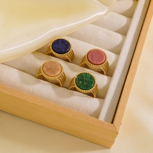 Vintage 14K gold plated stainless steel open rings with natural colorful stones