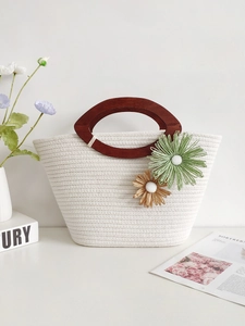 Woven Cotton Rope Tote Bag With Wood Handle Floral Decor Large Capacity Beach Vacation Bohemian Style Handbag Women