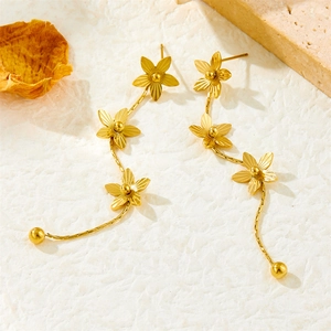 French style gold flower tassel earrings with three petal charms on snake chains