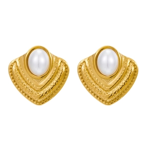 Golden heart-shaped stainless steel stud earrings with elegant white pearl inlays