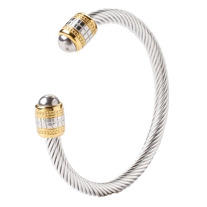 Mens twisted rope titanium steel bracelet with black onyx beads and silver finish