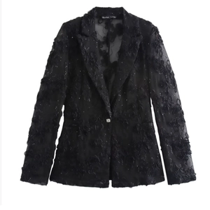 Blazer en dentelle noire pour femme avec fleurs appliquées et manches transparentes