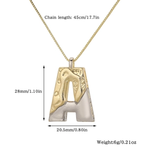 Detailed view of two-tone Letter A pendant with chain length and weight specifications
